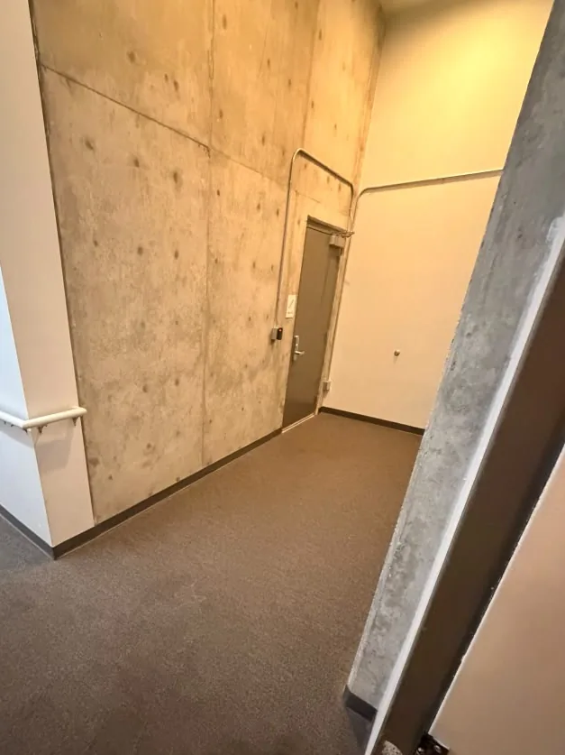 Carpeted hallway with a concrete feature wall at Avant Apartments