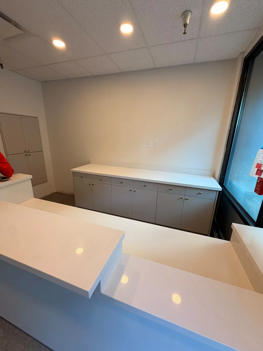Front desk counter and cabinetry in a newly built-out medical office