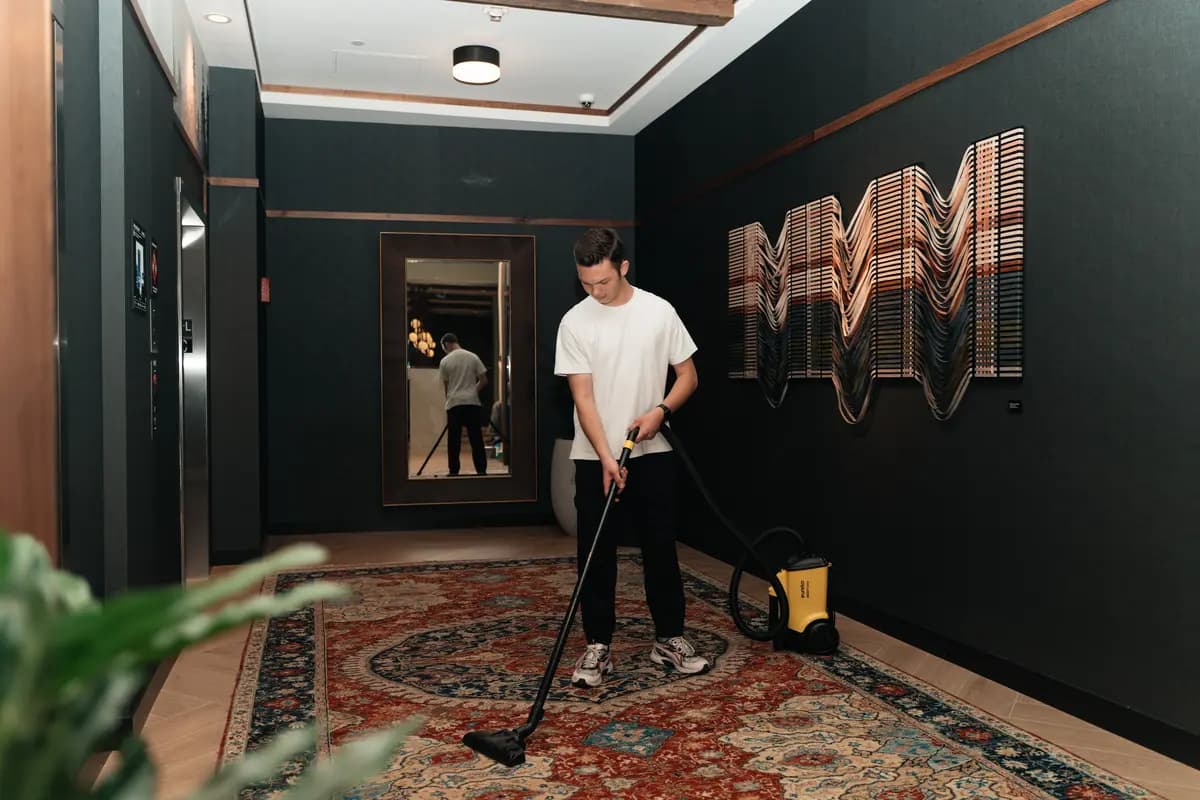 Vacuuming a corridor and area rug in a building common area