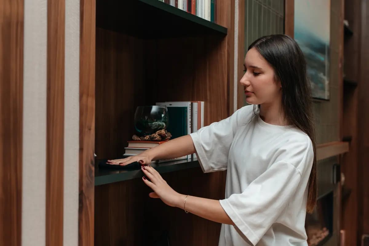 Crew member dusting display shelving and merchandised décor