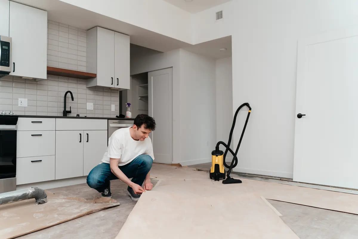 Post-construction clean-up in a newly finished kitchen, floor protection still down
