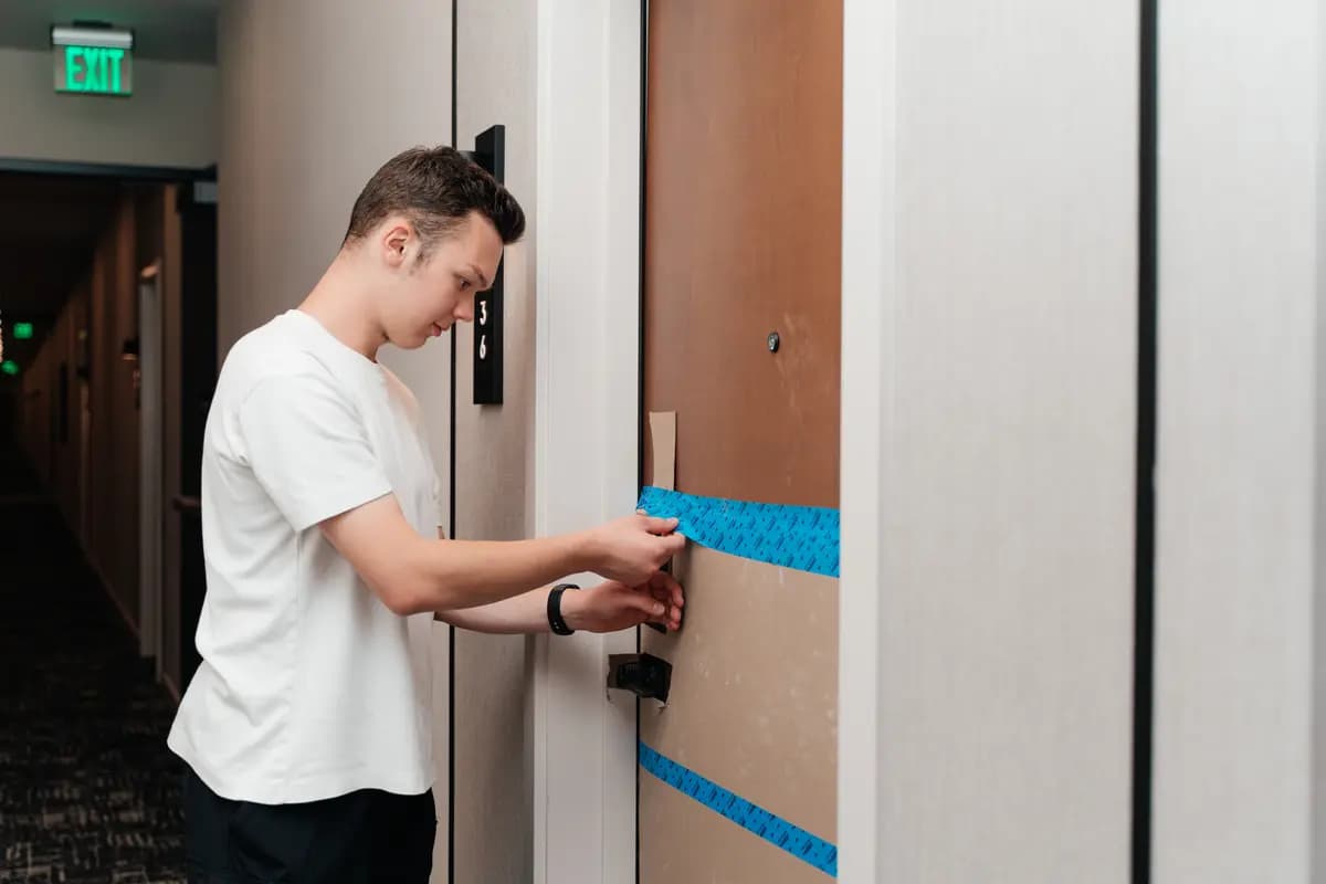 Masking and protecting a unit entry door during a post-construction clean